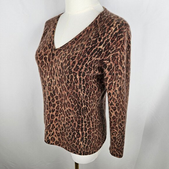 Neiman Marcus 100% Pure Cashmere Sweater Size Small Leopard Print Brown Preppy - Picture 4 of 8